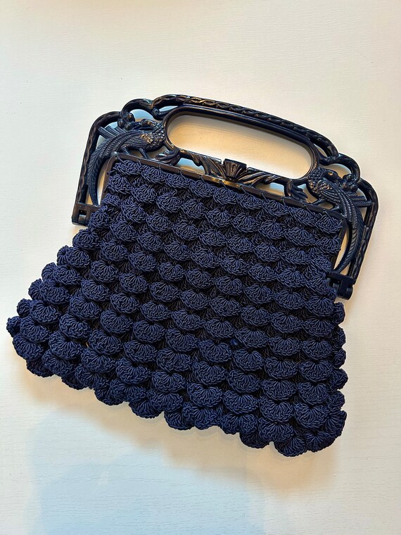 1940s Navy Crochet Popcorn Handbag | 40s Dark Blu… - image 6