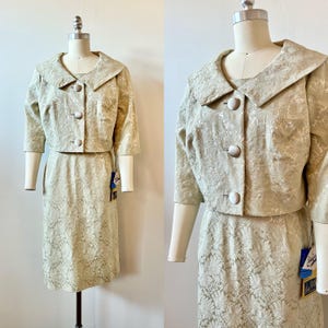 1950s Lady Petite Brocade Dress Set | 50s Silver Jacquard Dress and Jacket | Vintage Floral Dress and Cropped Coat | Size M/L