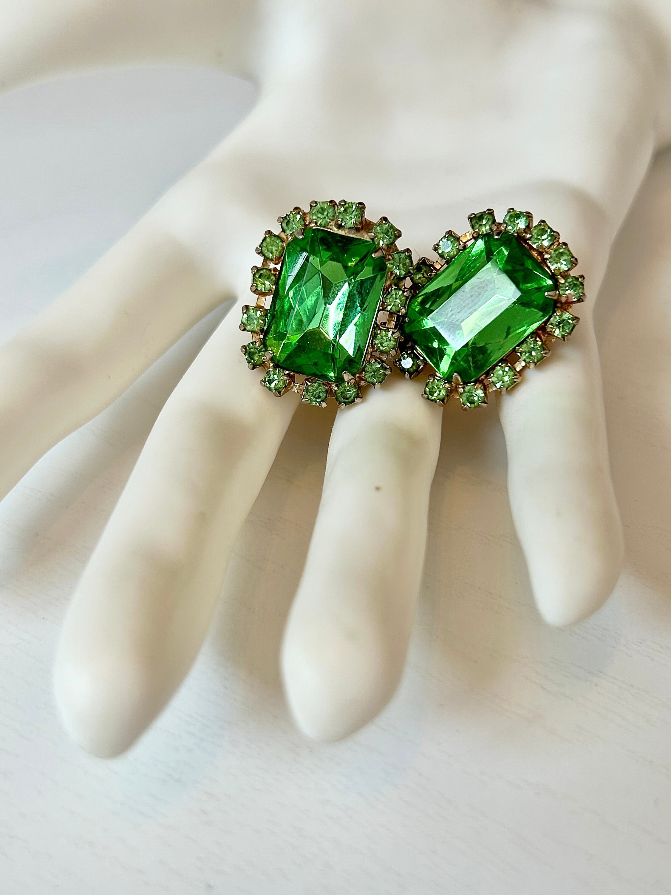 Boucles D'oreilles Strass Vert Vintage - Modèle Puces Clips, Neuves Et Brillantes