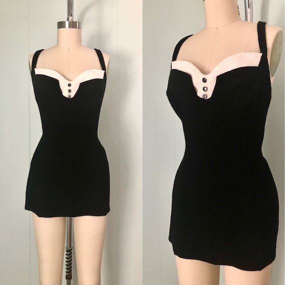 1940s Black and White Wool Swimsuit | 40s One Piec