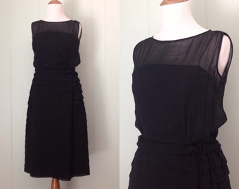 1960s Junior Forum Little Black Dress | 60s Black Sheer Neck Tiered Chiffon Evening Party Dress | Vintage Nipped Waist Cocktail Dress | XXS