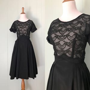 1950s Black Lace and Taffeta Cocktail Dress | 50s Mari Kayne Daryl Full Skirt Party Dress with Bows | Vintage Short Sleeve LBD Dress | XS