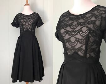 1950s Black Lace and Taffeta Cocktail Dress | 50s Mari Kayne Daryl Full Skirt Party Dress with Bows | Vintage Short Sleeve LBD Dress | XS