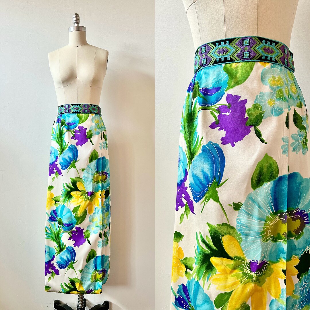 1970s Bright Floral Maxi Skirt | 70s Embroidered Wrap Skirt | Vintage ...