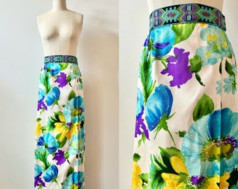 1970s Bright Floral Maxi Skirt | 70s Embroidered Wrap Skirt | Vintage Long Pencil Skirt | Size XS
