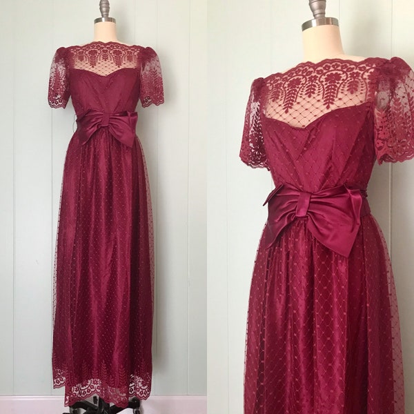 1980s Dark Pink Lace Evening Gown | 80s Raspberry Scalloped Formal Dress | Vintage Floral Bow Dress | Size XS