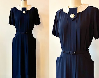 1940s George Hess Navy Collared Dress | 40s Dark Blue Button Back Dress | Vintage Midi Dress with Pockets | Size S