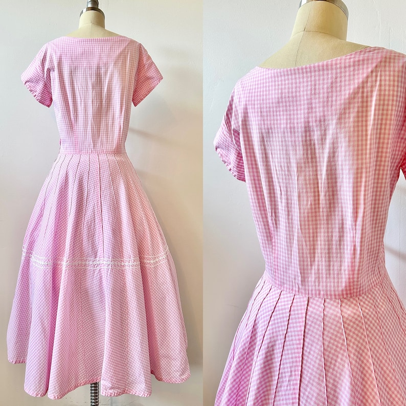 1950s Toni Todd Bubblegum Pink Gingham Dress 50s Pastel Checked Dress Vintage Fit and Flare Dress Size M image 8