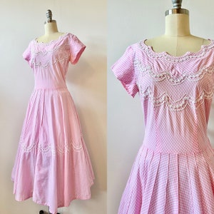 1950s Toni Todd Bubblegum Pink Gingham Dress 50s Pastel Checked Dress Vintage Fit and Flare Dress Size M image 4