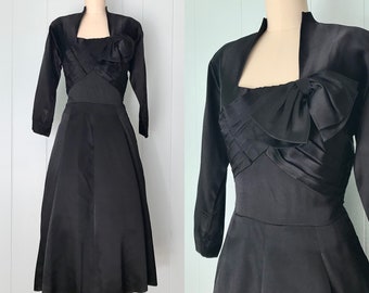 1940s Gothe Black Satin Cocktail Dress | 40s Pleated Bow Party Dress | Vintage Fit and Flare Holiday Dress | Size S/M