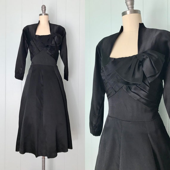 1940s Gothe Black Satin Cocktail Dress | 40s Plea… - image 1
