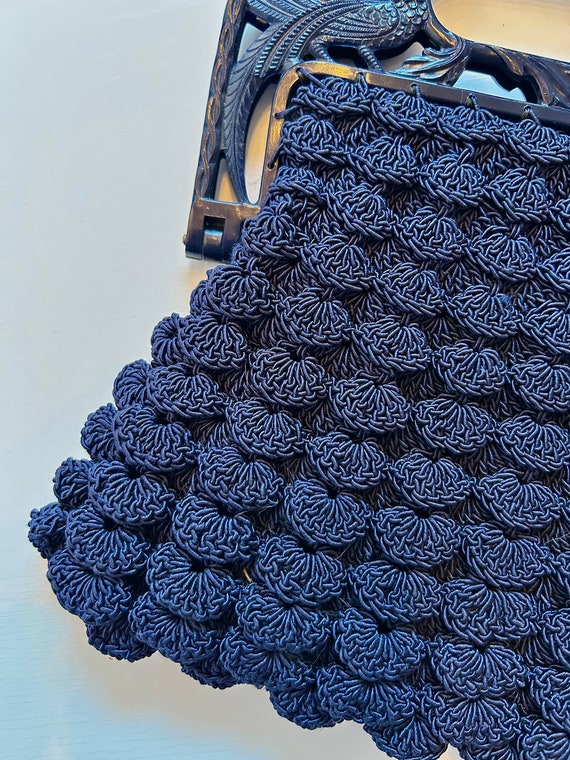 1940s Navy Crochet Popcorn Handbag | 40s Dark Blu… - image 8
