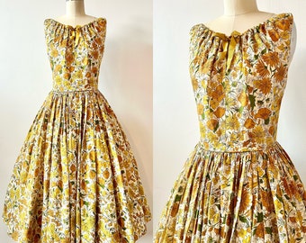 1950s Bright Floral Print Dress | 50s Garden Party Dress | Vintage Fit and Flare Dress | Size XS