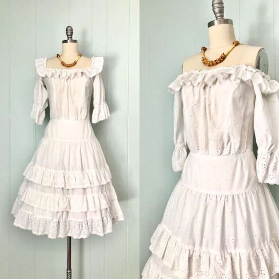 1980s White Eyelet Ruffled Dress | 80s Tiered Flor