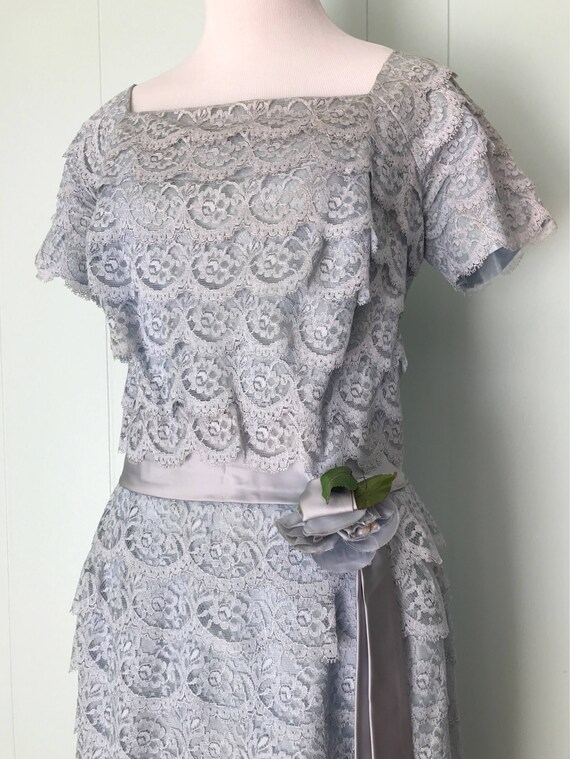 1950s DuBarry Pale Blue Tiered Lace Cocktail Dres… - image 3