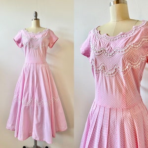 1950s Toni Todd Bubblegum Pink Gingham Dress 50s Pastel Checked Dress Vintage Fit and Flare Dress Size M image 1
