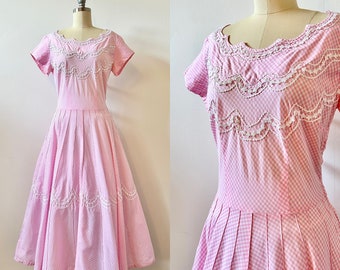 1950s Toni Todd Bubblegum Pink Gingham Dress | 50s Pastel Checked Dress | Vintage Fit and Flare Dress | Size M