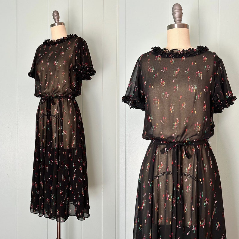 1970s does 1930s Black Tulip Chiffon Party Dress 70s does 30s Sheer Flutter Sleeve Dress Vintage Ruffled Fit and Flare Dress Size XS/S image 5