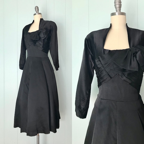 1940s Gothe Black Satin Cocktail Dress | 40s Plea… - image 5