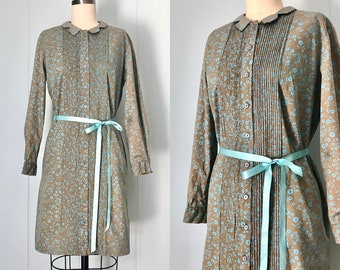 1960s Turquoise and Brown Shift Dress | 60s Floral Collared Dress | Vintage Day Dress | Size XS/S