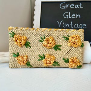 1970s Straw and Raffia Floral Clutch | 70s Orange Flower Mini Purse | Vintage Woven Handbag Accessory