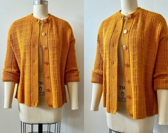 1970s Lansing Knitwear Mustard Cardigan | 70s Golden Yellow Button Down Sweater | Vintage Knitted Slouchy Top | Size S/M