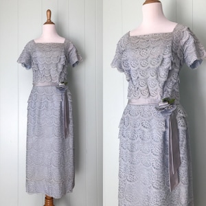 1950s DuBarry Pale Blue Tiered Lace Cocktail Dress | 50s Light Blue Scalloped Satin Sash Party Dress | Vintage Short Sleeve Flower Dress | L