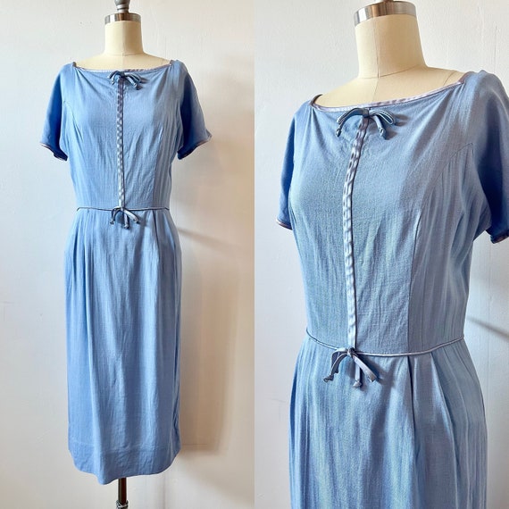 1960s Periwinkle Wiggle Dress | 60s Pastel Blue D… - image 1