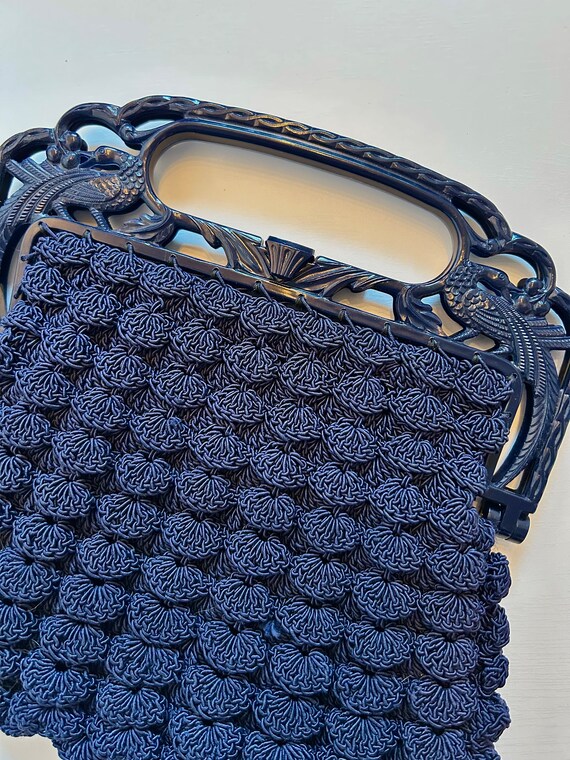 1940s Navy Crochet Popcorn Handbag | 40s Dark Blu… - image 7
