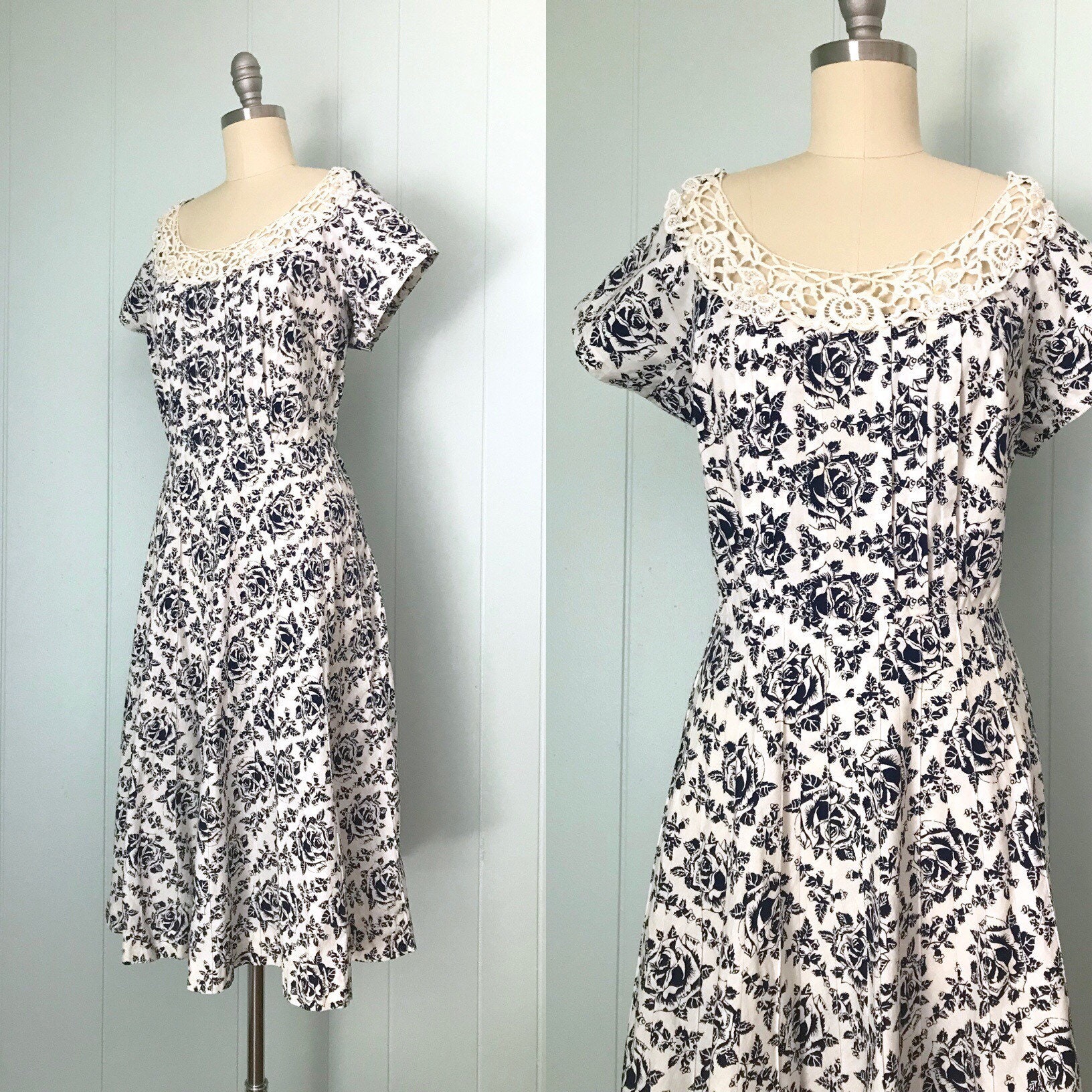 1950s Navy Blue Rose Print Party Dress 50s White Floral - Etsy