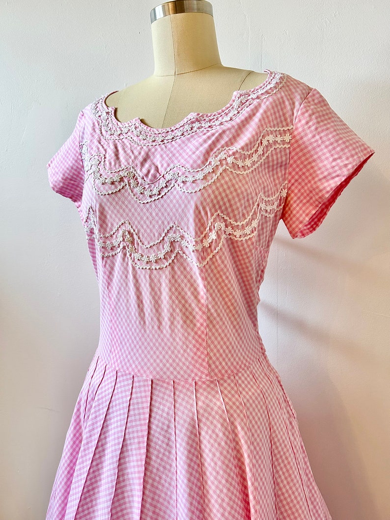 1950s Toni Todd Bubblegum Pink Gingham Dress 50s Pastel Checked Dress Vintage Fit and Flare Dress Size M image 2