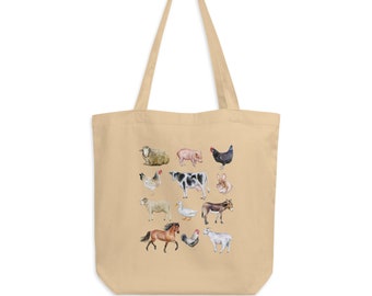 May include: Beige tote bag featuring watercolor illustrations of farm animals, including a sheep, pig, chicken, cow, rabbit, duck, donkey, horse, rooster, and goat. The bag has long handles and a simple design.