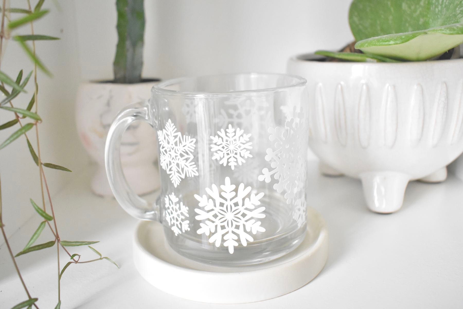 Sizikato Clear Glass Mug with Handle, 11 Oz Drinking Cup, Scented Tea Mug,  Sakura and Snowflake Embossed