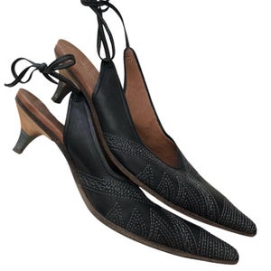 DRIES VAN NOTEN embroidered matte black leather slingback low heels shoes