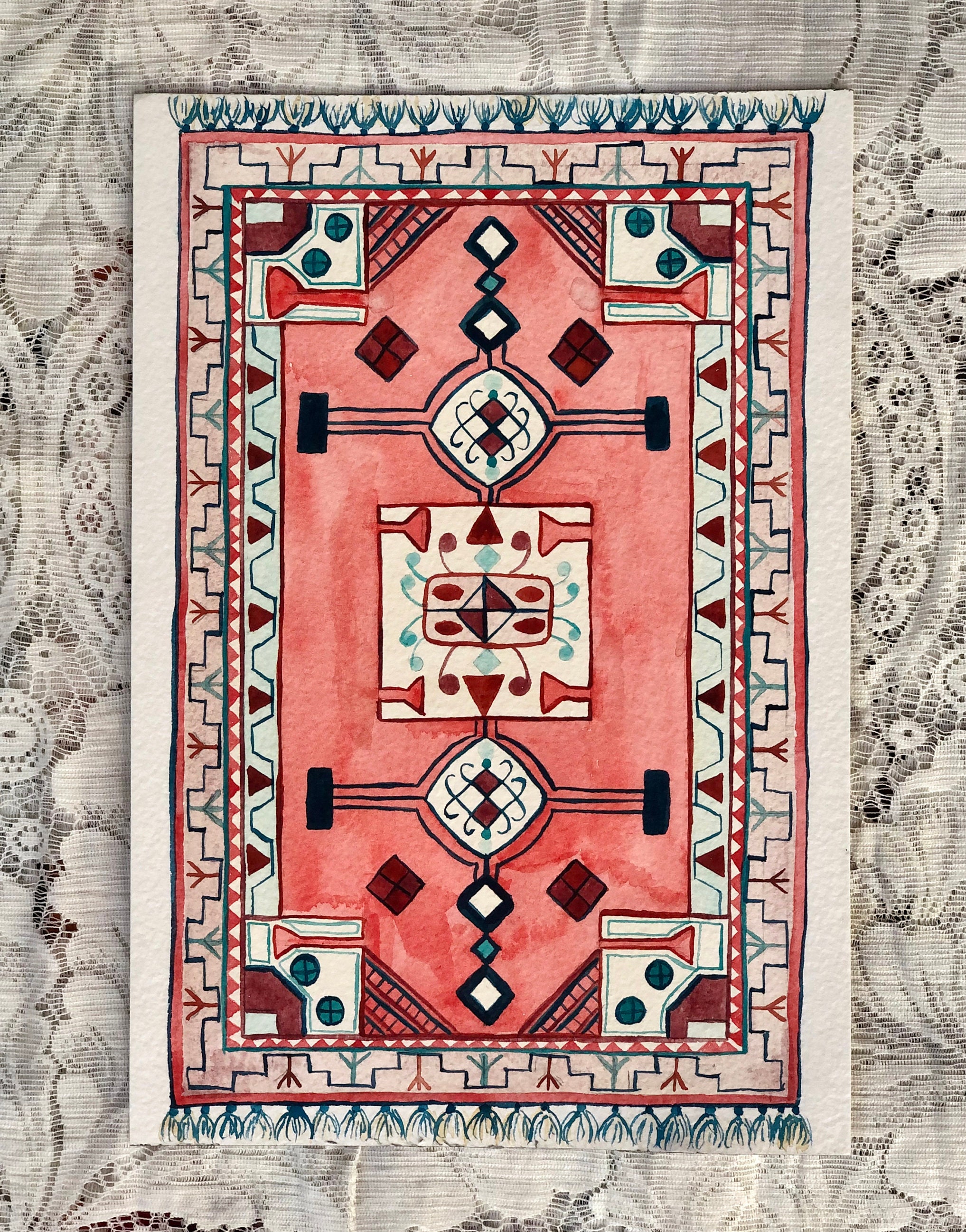 Original türkische Teppich Aquarell - Etsy.de