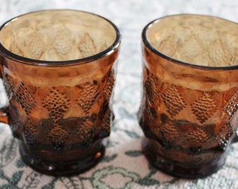 Vintage Mugs, Anchor Hocking, FIRE KING Amber Brown, Glass, Cups, SET of 2