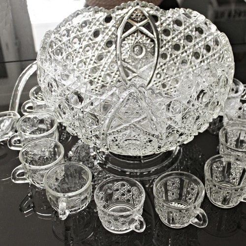 Vintage Extra Large Clear Glass Punch Bowl Set LE Smith Daisy Etsy