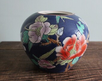 HAND PAINTED VASE - Round/ Pot Style - Dark Cobalt Blue & Vibrant Colours