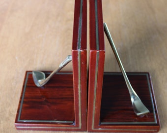 Golf Club Bookends - Toyo Korea Mid Century Brass and Wood