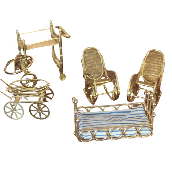 MINI MEUBLES EN LAITON - 5 pièces - 2 chaises à bascule - Coiffeuse pour bébé - Chariot à 2 niveaux - Lit