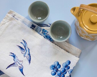 Blue Willow Linen-Cotton tea-towel. Original hand painted artwork in Ink & Watercolor. Illustration + design by Lucy King
