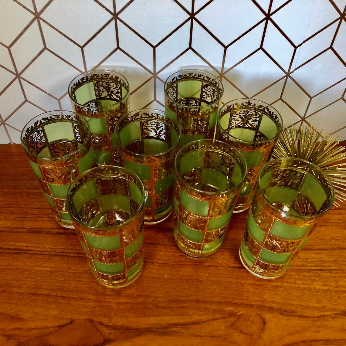Vintage Culver Glass 22K Gold Prado Green High Ball Glasses Etsy