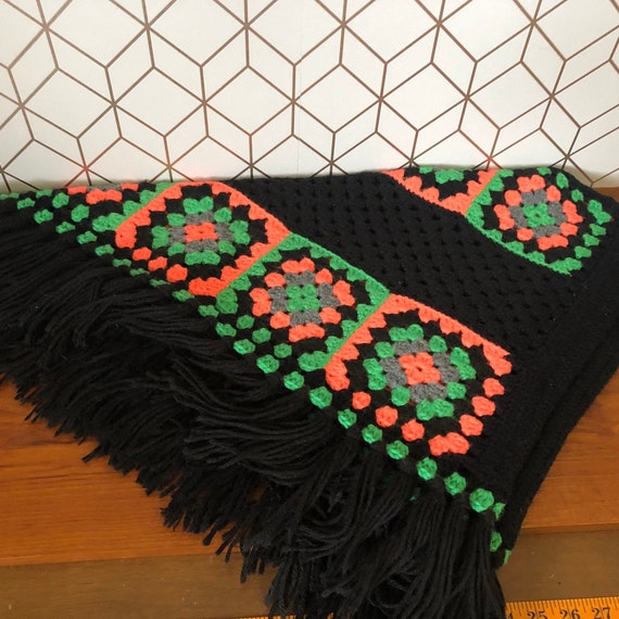 Vintage Granny Square Poncho, Crocheted Black Boh… - image 7