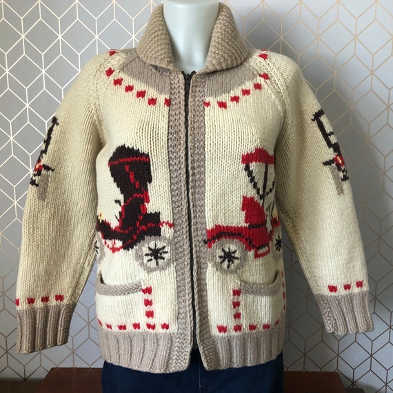Vintage Cowichan Style Zip Sweater Antique Cars With a Cream Vintage Cowichan Style Zip Sweater Antique Cars With a Cream