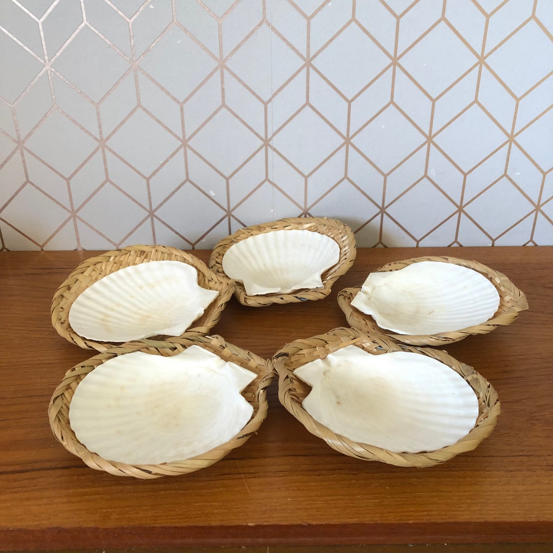 Vintage Set of 5 Coquilles Stjacques Shell Plates, Wicker Basket