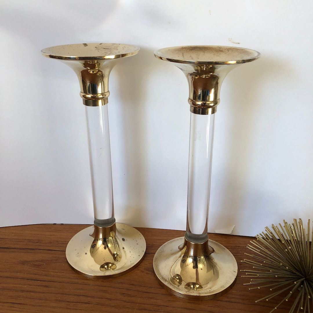 Vintage Brass and Lucite Candle Sticks, Set of 2 Heavy Metal