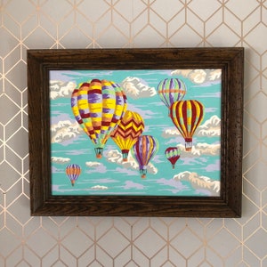 Vintage Paint By Number Picture, Hot Air Balloons, Colorful Balloons and Clouds, Rustic Wood Frame Circa 1970's