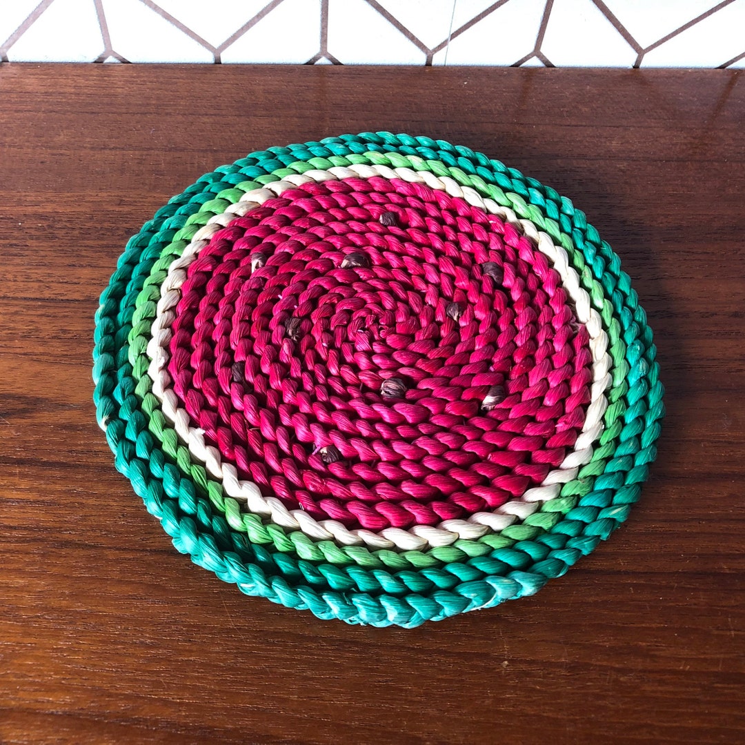 Vintage Woven Straw Trivet, Flat Round Wall Decor, Watermelon Red