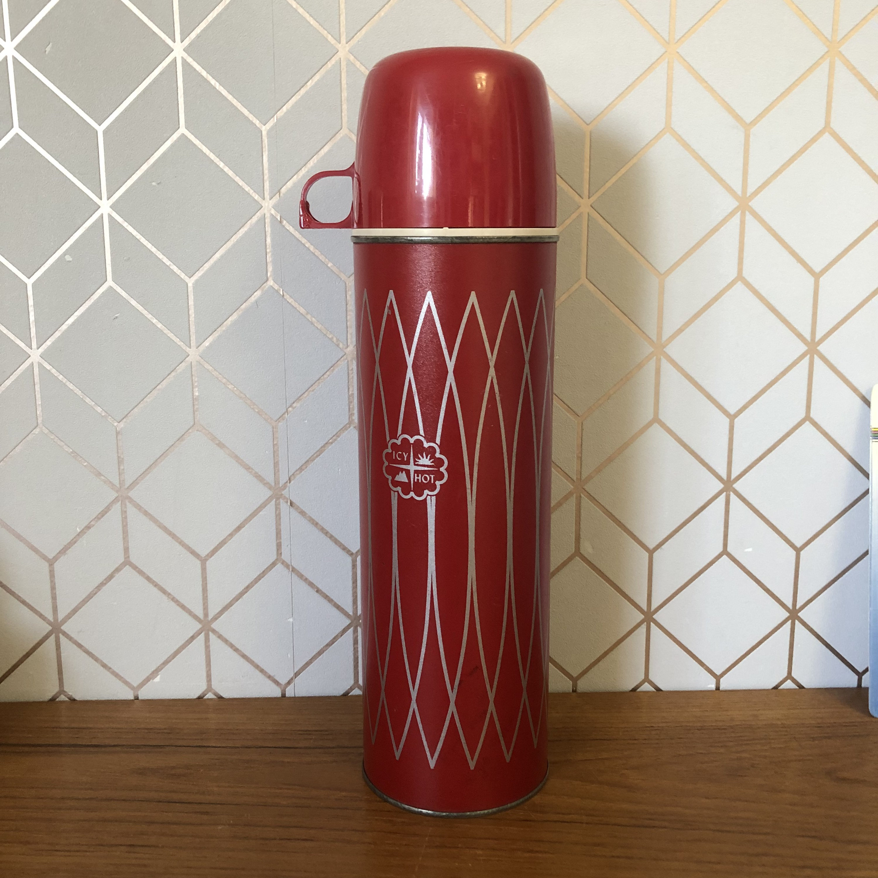 Vintage Icy Hot Red and Grey Thermos, Made by the American Thermos Products  Co., Mid Century Geometric Design Circa 1960's 