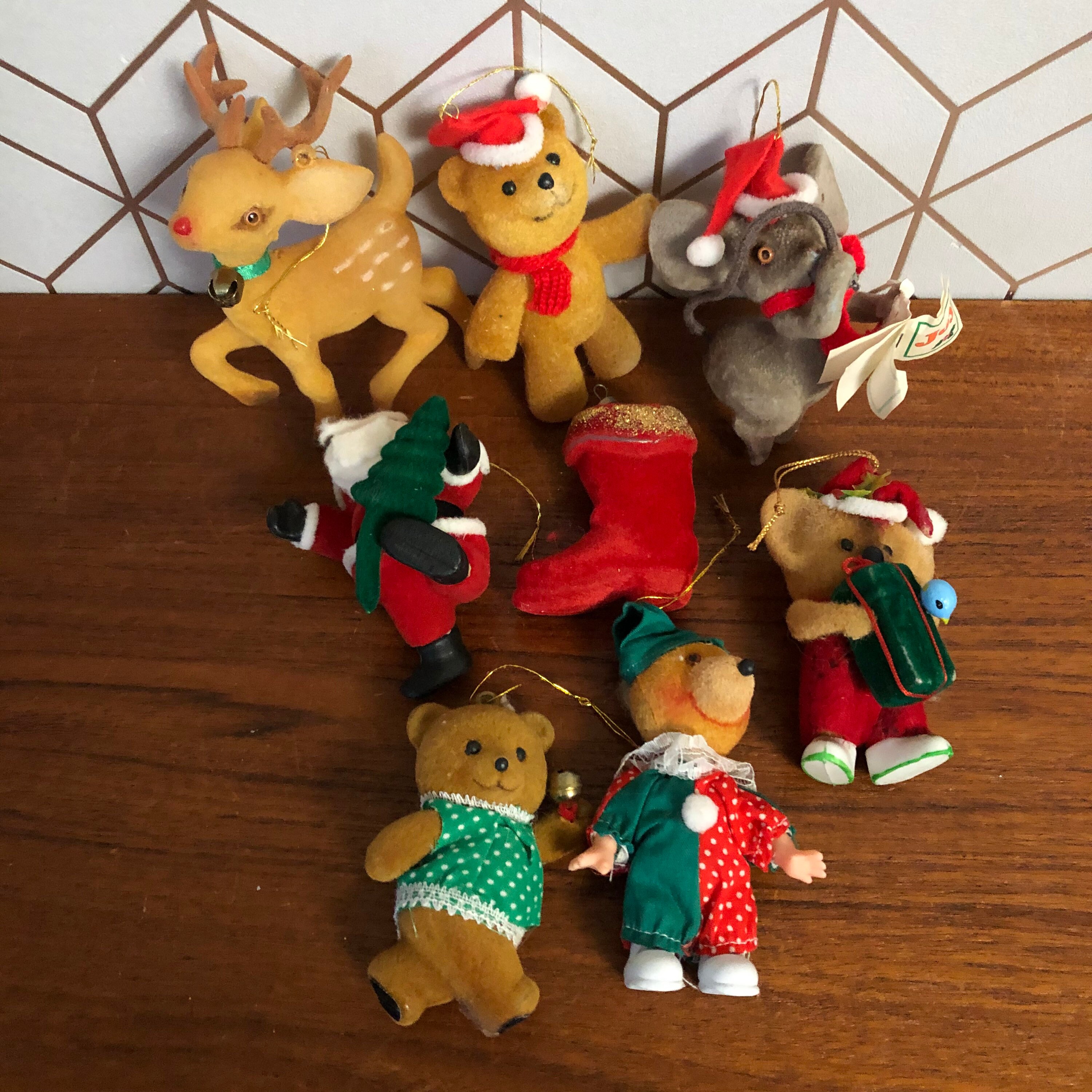 Vintage Flocked Christmas Ornaments, Mixed Lot of 8 Vintage
